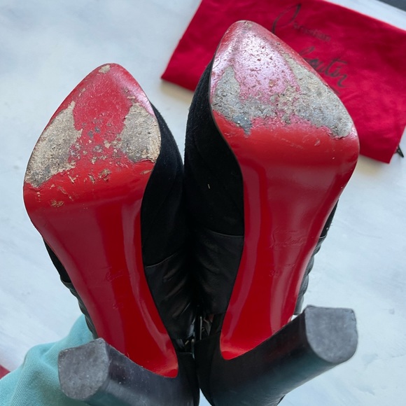 CHRISTIAN LOUBOUTIN Black Leather Suede Bye Bye Cutout Ankle Boots - Picture 10 of 11